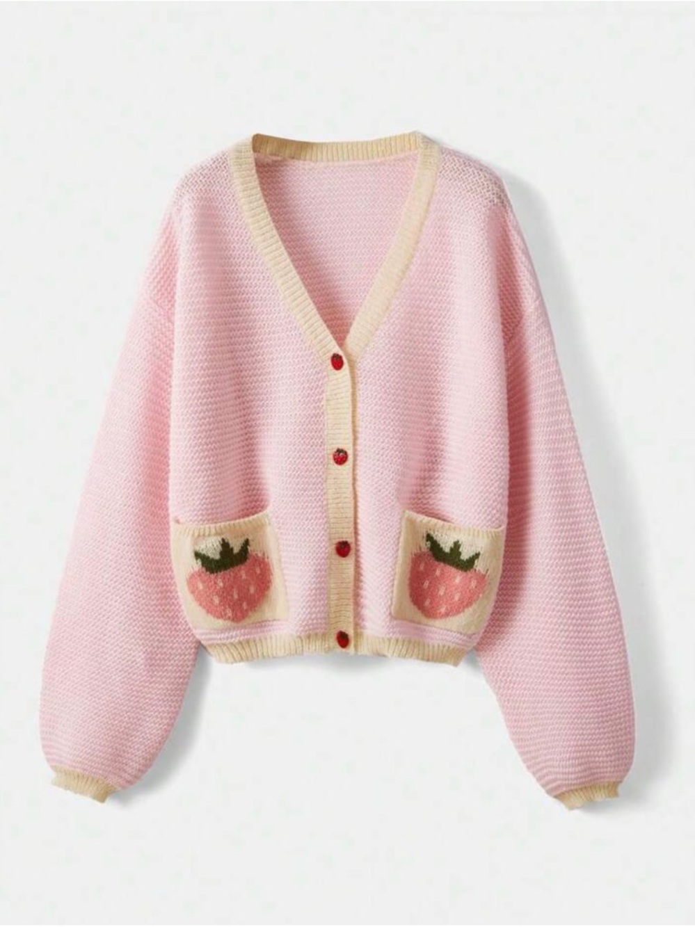 ROMWE Kawaii Strawberry Pattern Bishop Sleeve Sweater Cardigan, Large